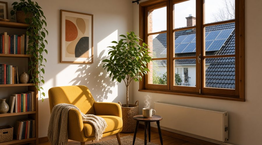Helles Wohnzimmer mit Blick auf ein Dach mit Photovoltaik