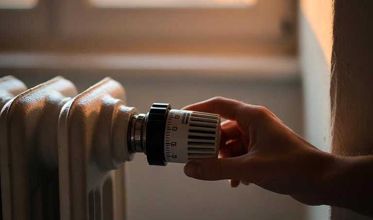 Hand regelt ein Heizkörper-Thermostat