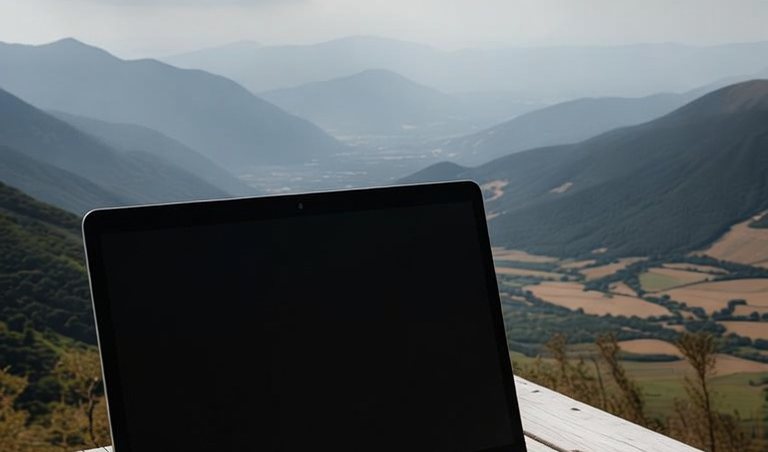 Laptop auf einer Holzterrasse mit Blick über ein Bergtal