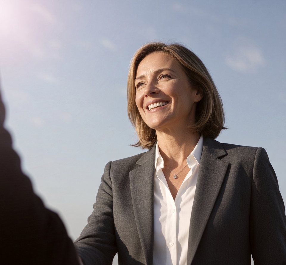 Unternehmerin reicht lächelnd die Hand